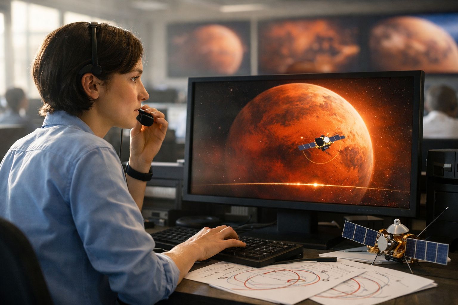 Mulher a trabalhar com auscultador, a monitorizar exploração espacial na Marte num escritório.