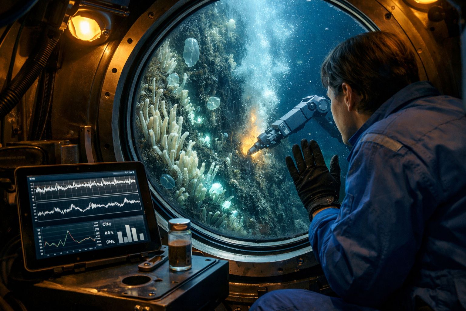 Homem observa fundo do mar através de janela de submarino, com braço robótico a recolher amostra de coral.