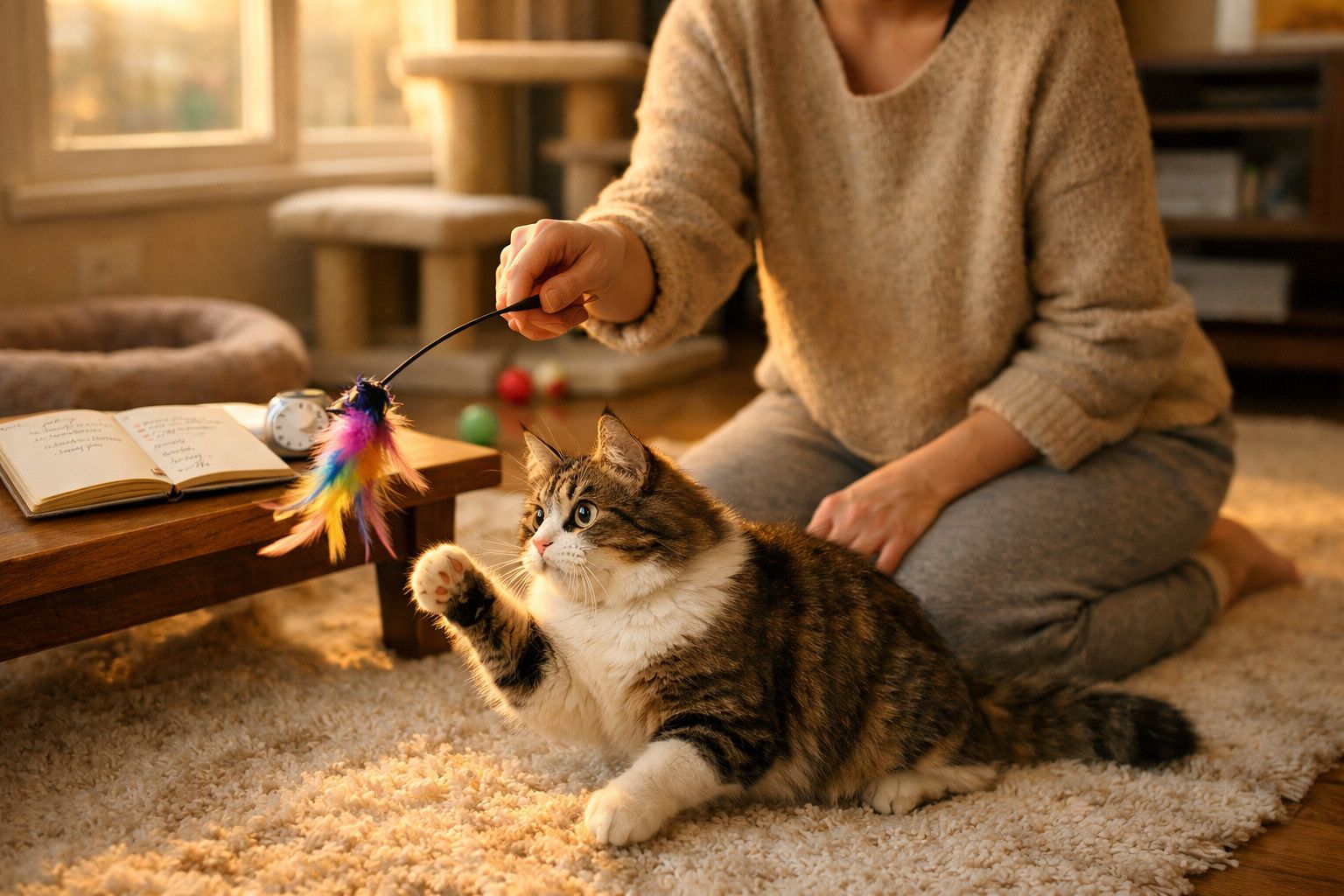 Gato castanho e branco a brincar com uma pena colorida enquanto pessoa está sentada no tapete.