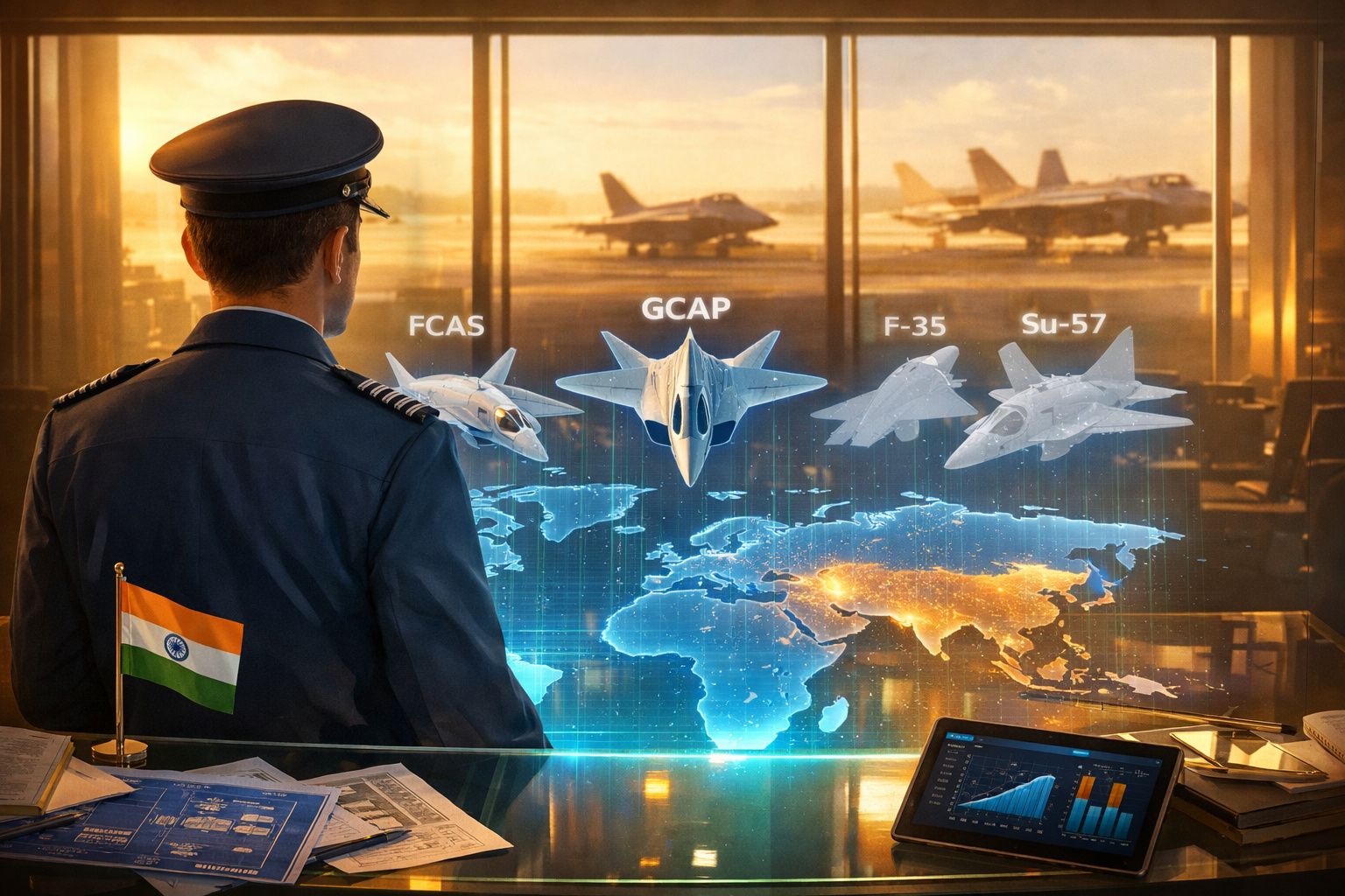 Militar indiano observa holograma de aviões de caça futuristas com mapa global e aviões no aeroporto ao fundo.