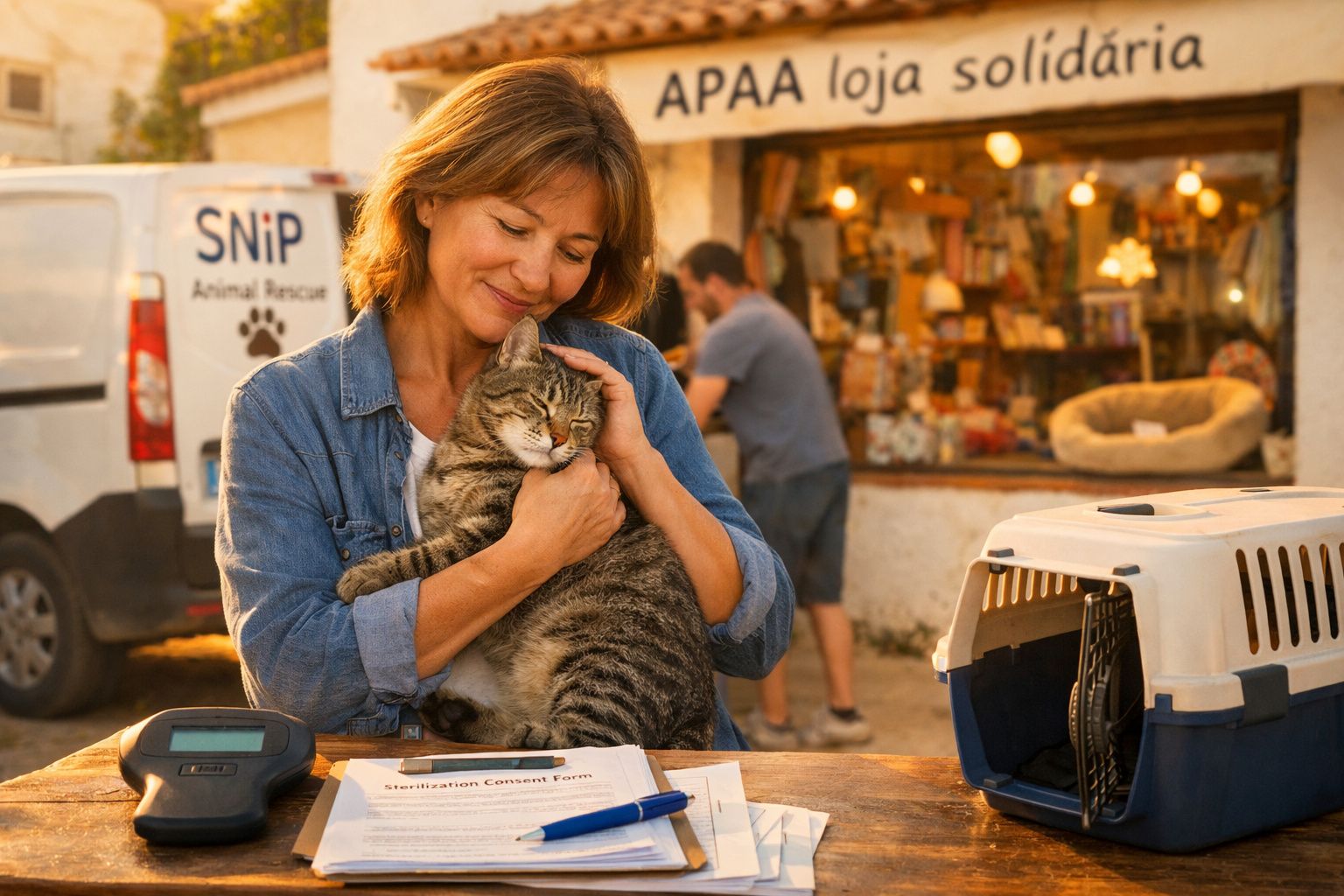 Mulher a abraçar um gato num centro de resgate de animais com documentos sobre esterilização numa mesa.