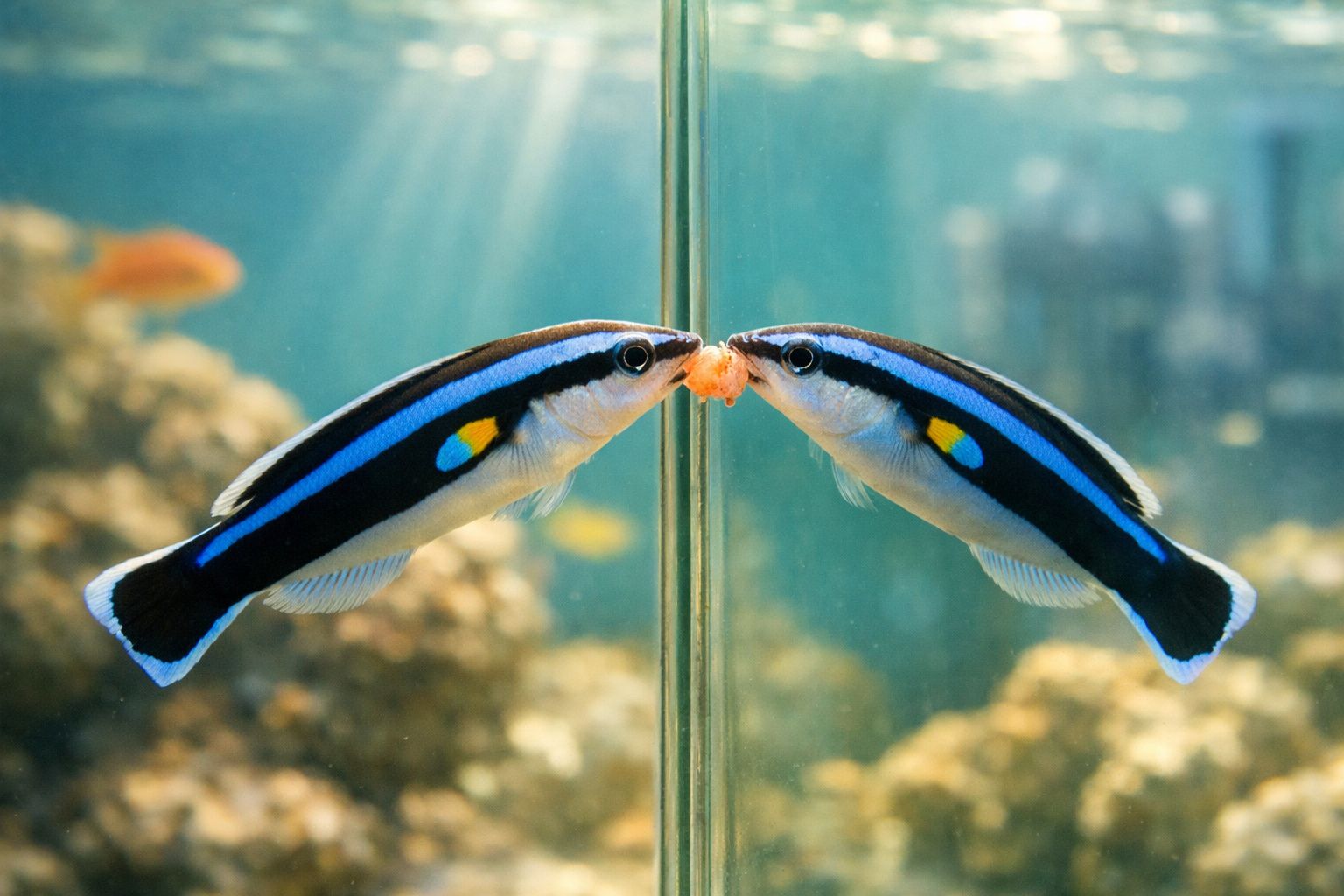 Peixe limpa-peixes azul e preto alimenta-se junto ao vidro do aquário, refletindo a sua imagem.