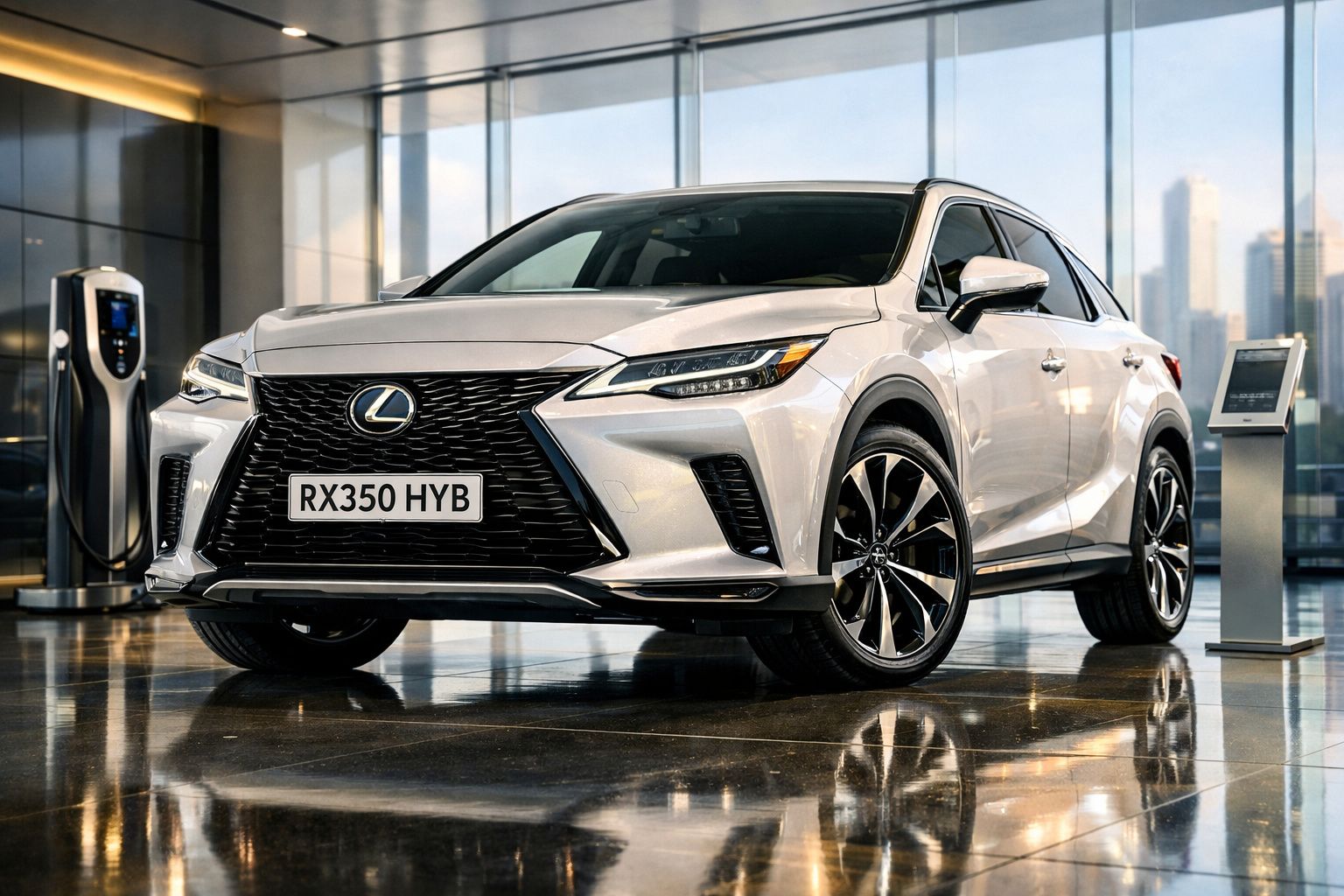 Carro Lexus RX350 híbrido branco estacionado em ambiente interior moderno, junto a posto de carregamento elétrico.