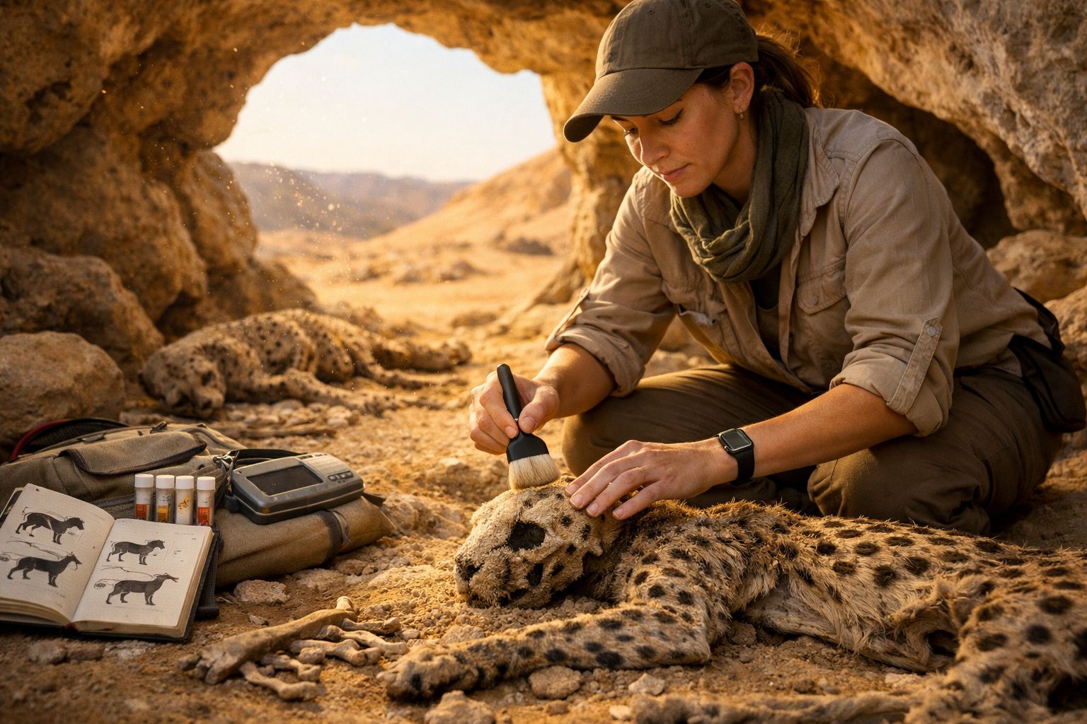 Investigadora limpa suavemente a cabeça de um chita morto numa caverna desértica durante um estudo de campo.