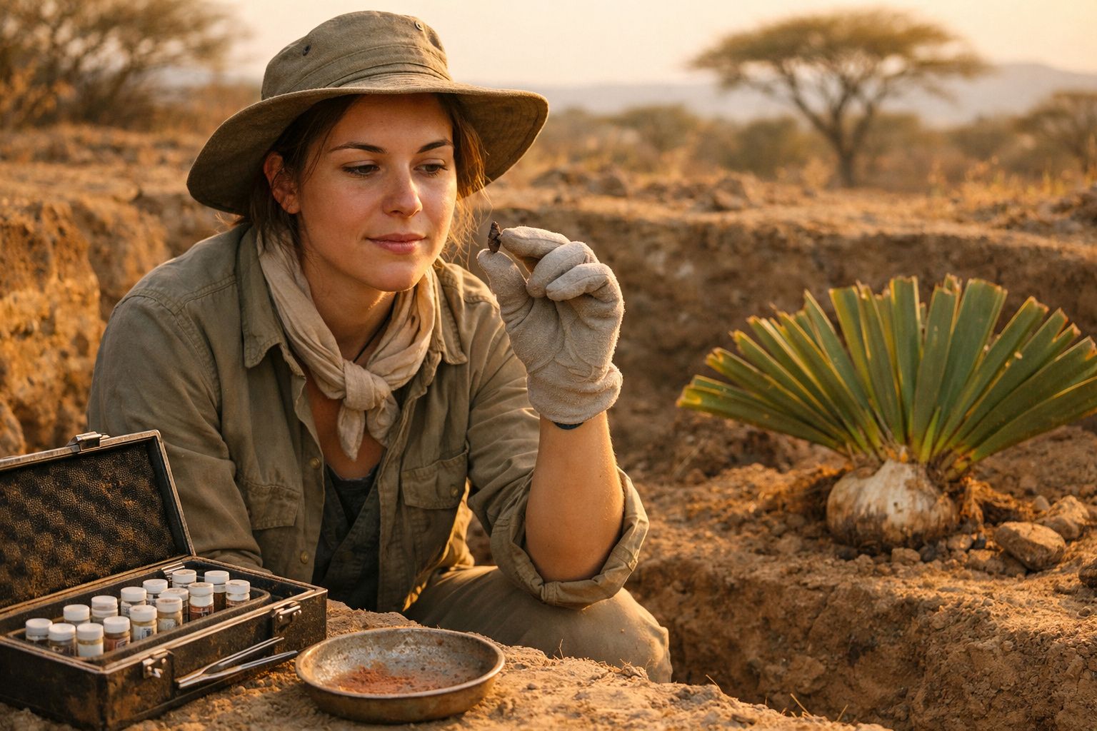 Jovem arqueóloga a examinar artefacto durante escavação arqueológica ao ar livre ao entardecer.