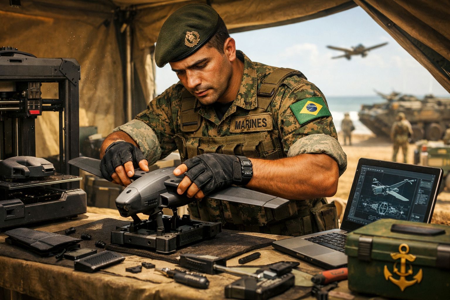 Soldado das forças brasileiras com uniforme camuflado a montar um drone num acampamento militar na praia.