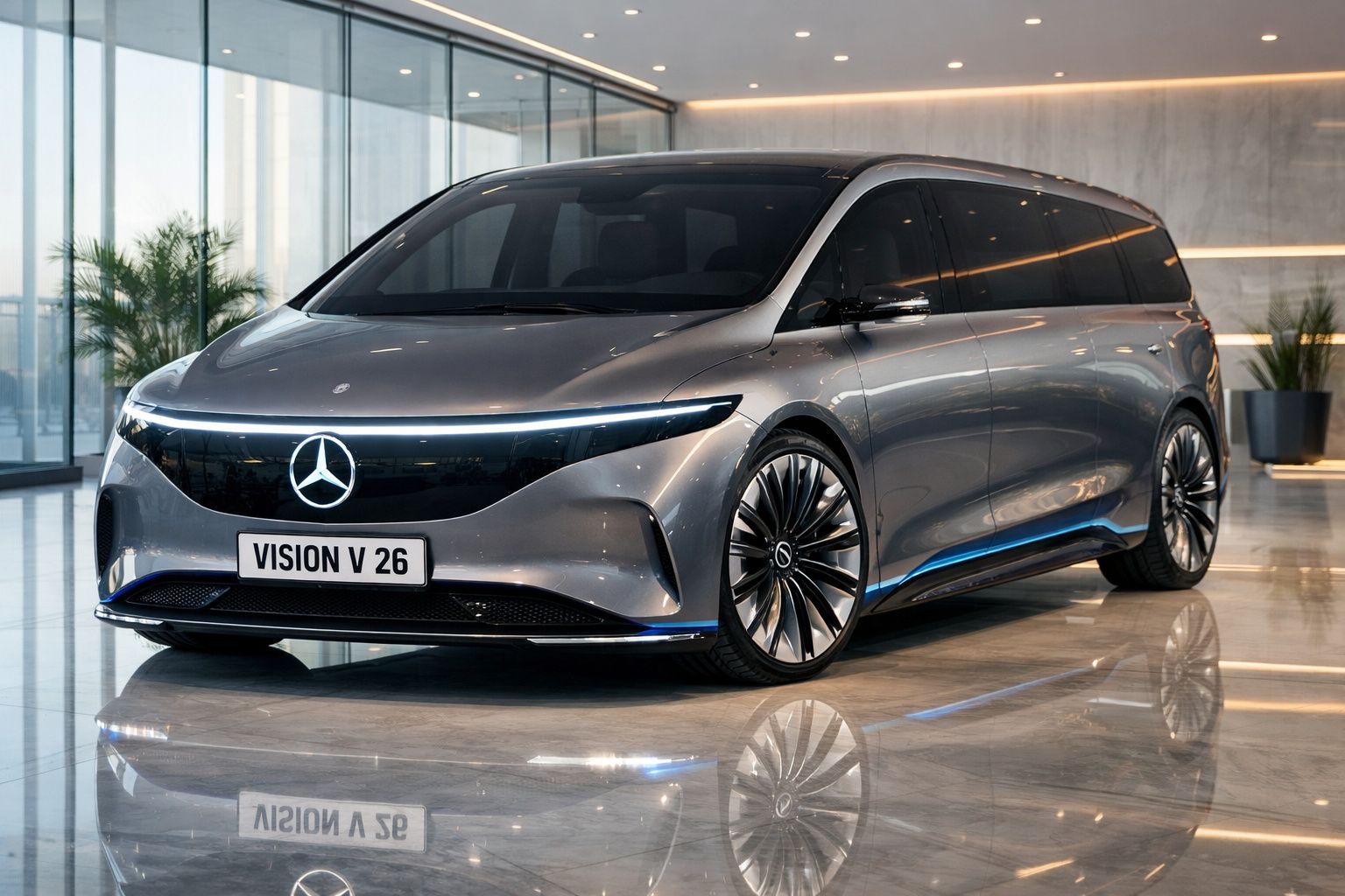 Carro elétrico futurista cinza Mercedes Vision V 26 estacionado em piso interior refletivo, exibindo luzes LED e design aerod