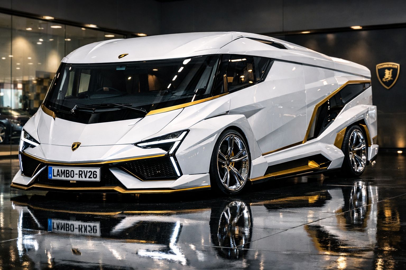 Caravana futurista branca Lamborghini com detalhes dourados, estilo desportivo, estacionada em piso brilhante interior.