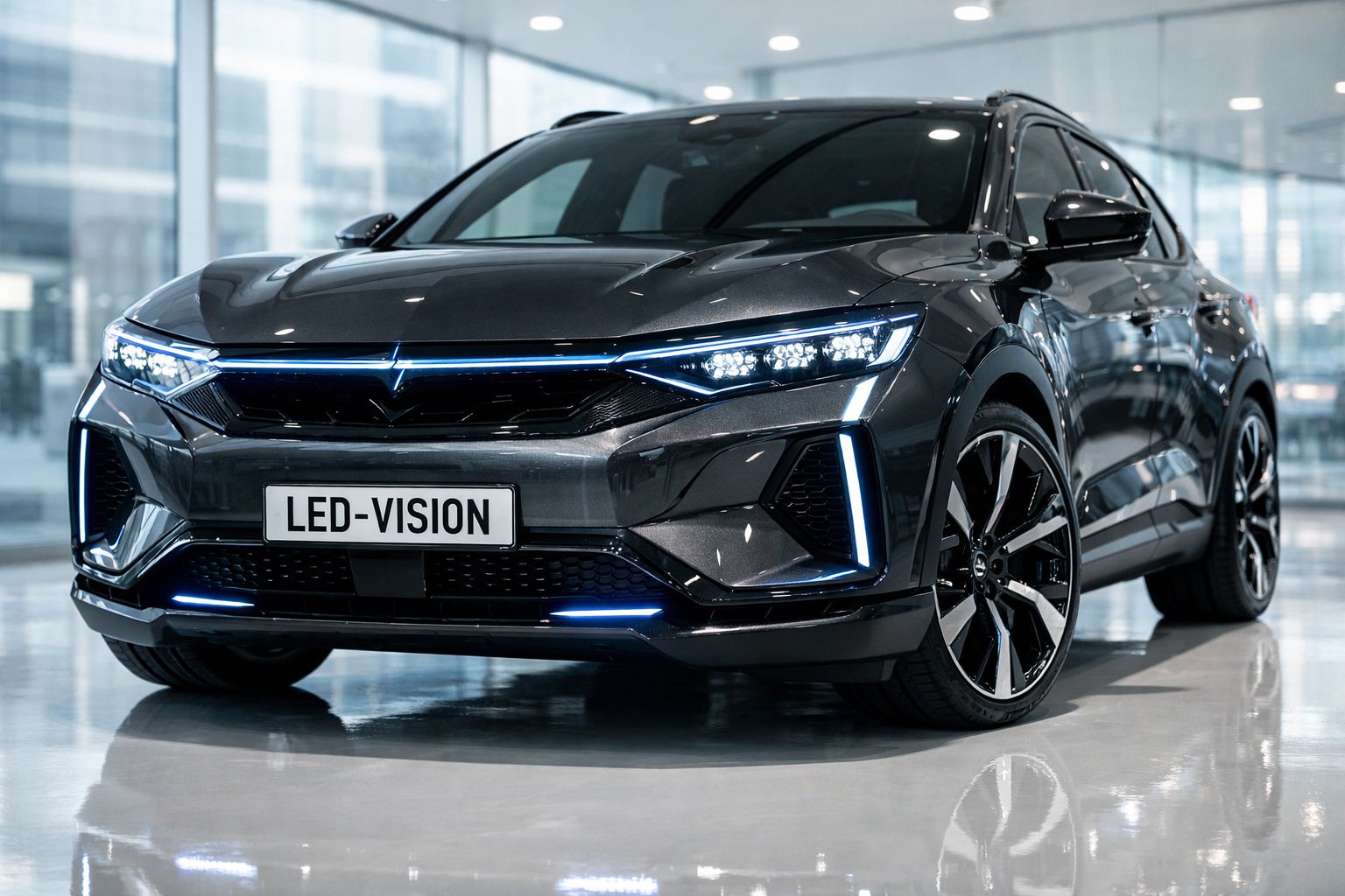 Carro elétrico preto moderno com faróis LED ligados numa sala de exposição iluminada.