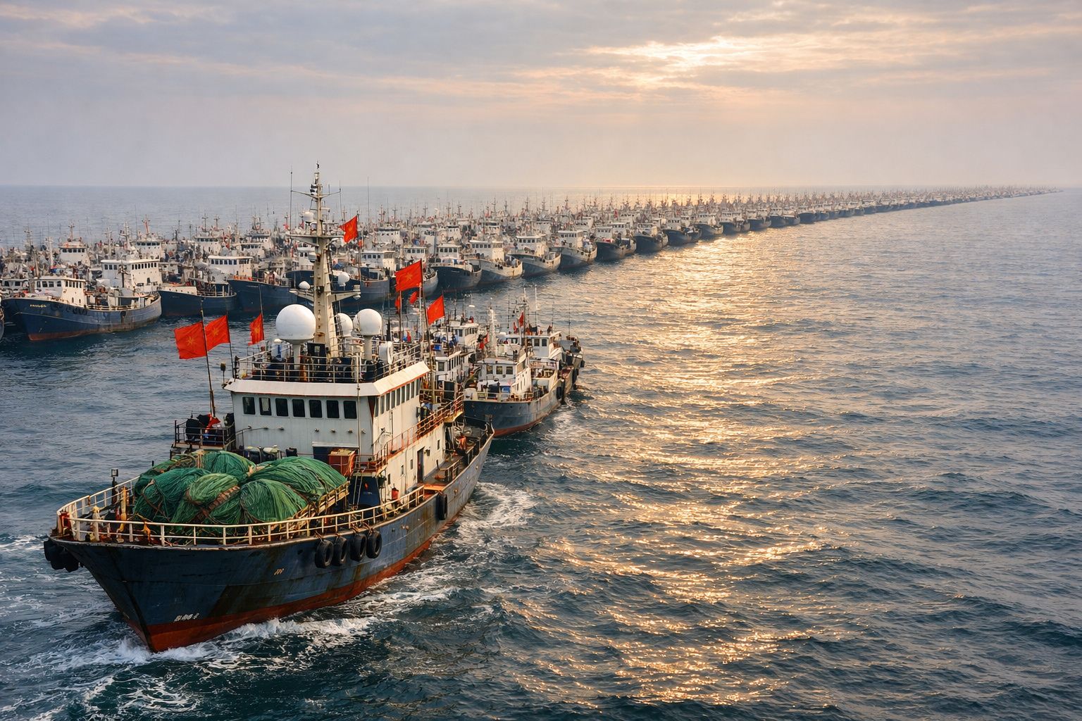 Frota numerosa de barcos de pesca com bandeiras vermelhas navegando em fila no mar ao pôr do sol.