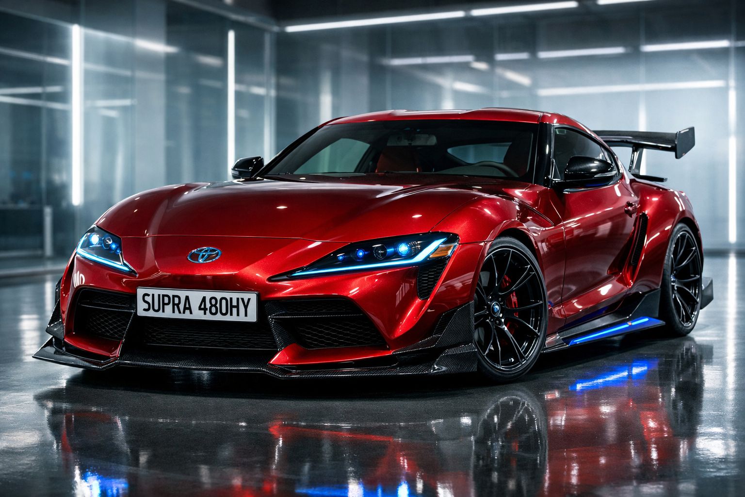 Carro desportivo Toyota Supra vermelho com luzes azuis, apresentado em ambiente interior moderno.