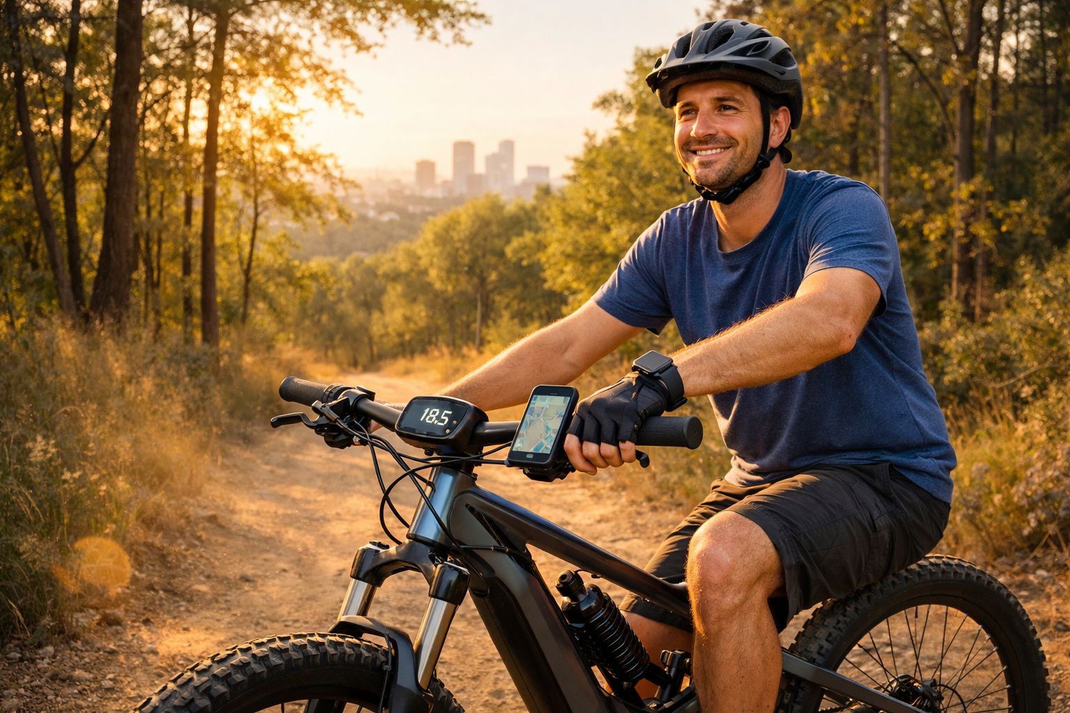 Homem sorridente com capacete a pedalar bicicleta elétrica numa trilha florestal ao pôr do sol.