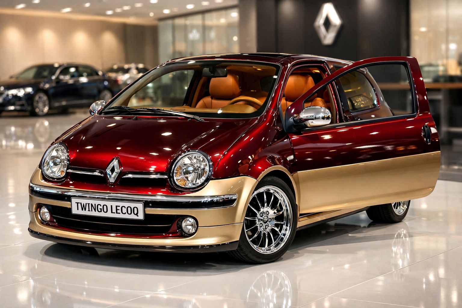 Automóvel Renault Twingo Lecoq bicolor vermelho e bege com porta dianteira aberta em sala de exposição.