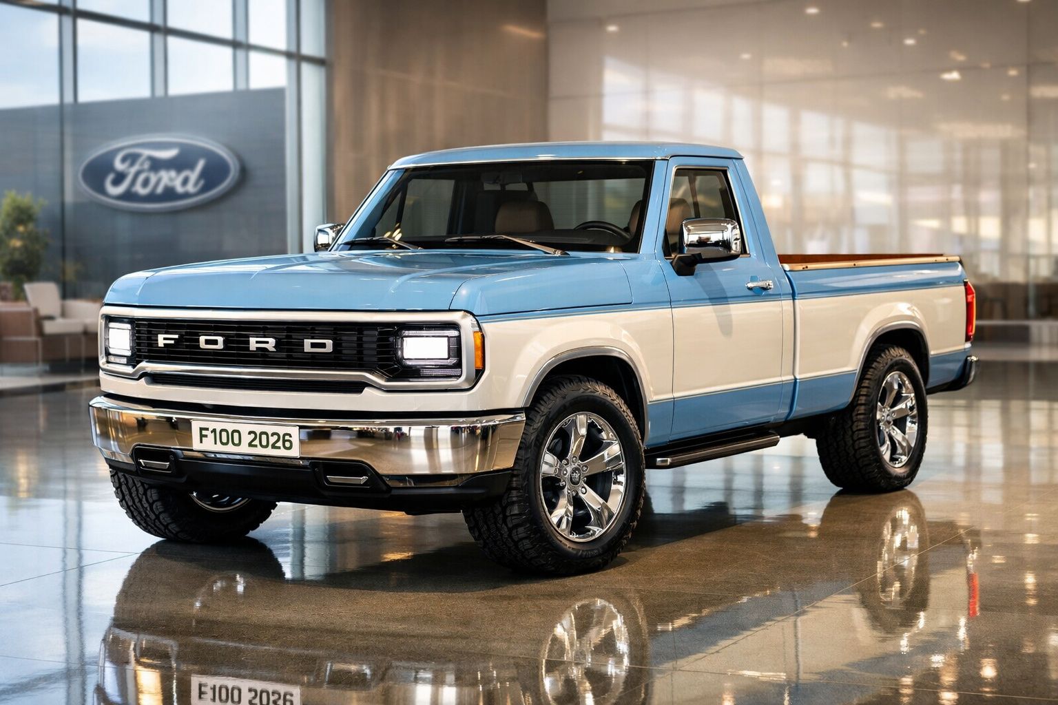 Picape Ford F100 2026 azul e creme exibida em showroom moderno com chão refletor.