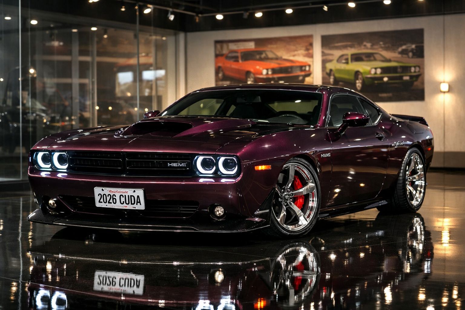 Carro desportivo clássico roxo com faróis ligados em garagem com pintura brilhante no chão e quadros de carros antigos na par