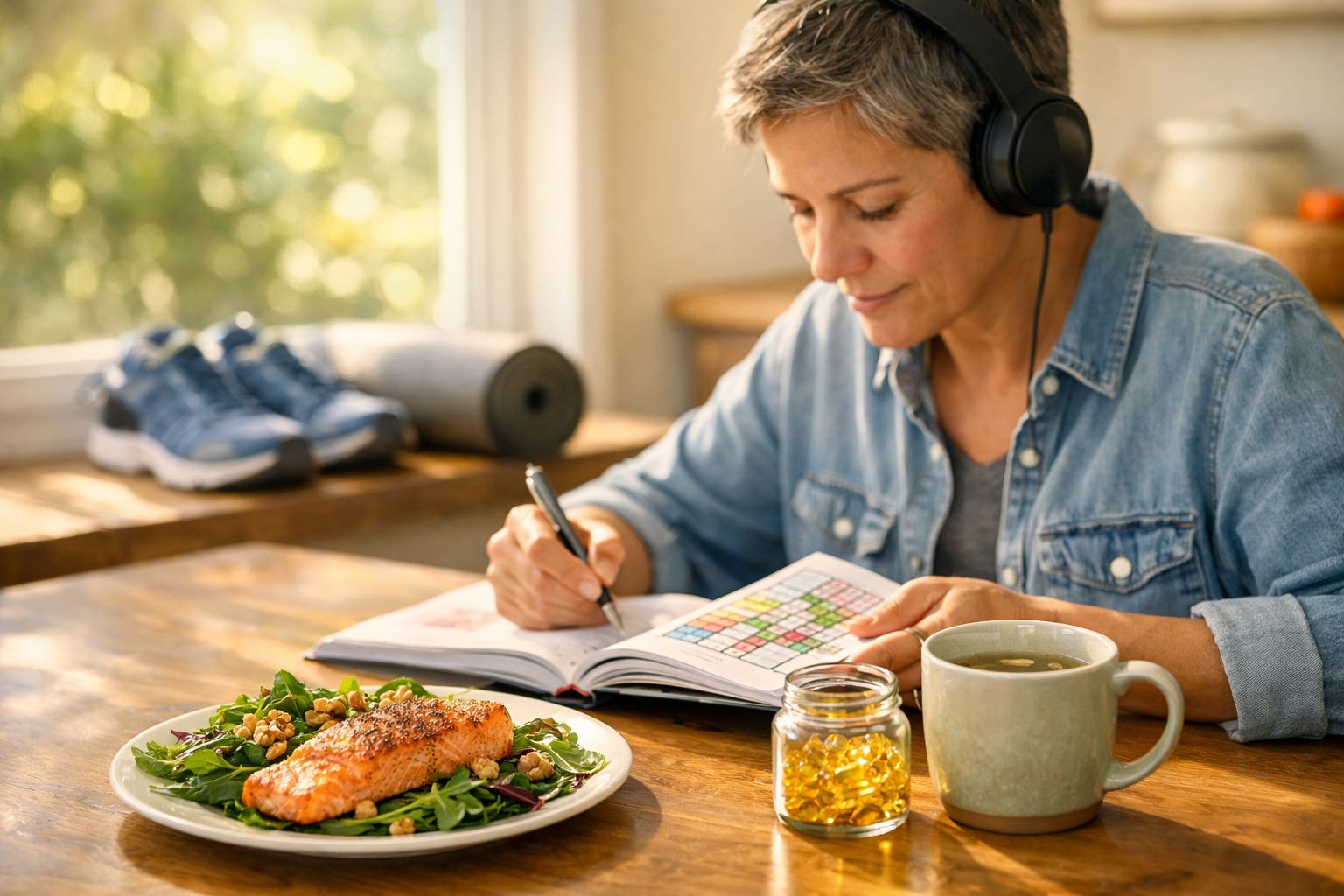Mulher com auscultadores a fazer anotação em caderno, ao lado de prato de salmão, cápsulas e chá quente.