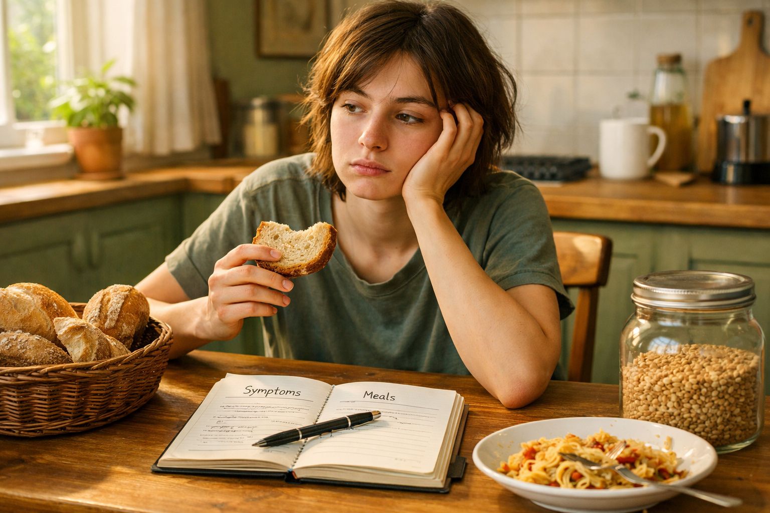 Jovem com expressão pensativa segura pão na mão sentado à mesa com comida e caderno aberto na cozinha.