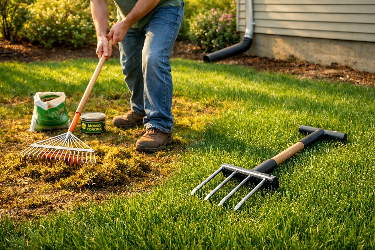 Pessoa a usar ancinho num jardim com ferramentas e saco de fertilizante ao lado.