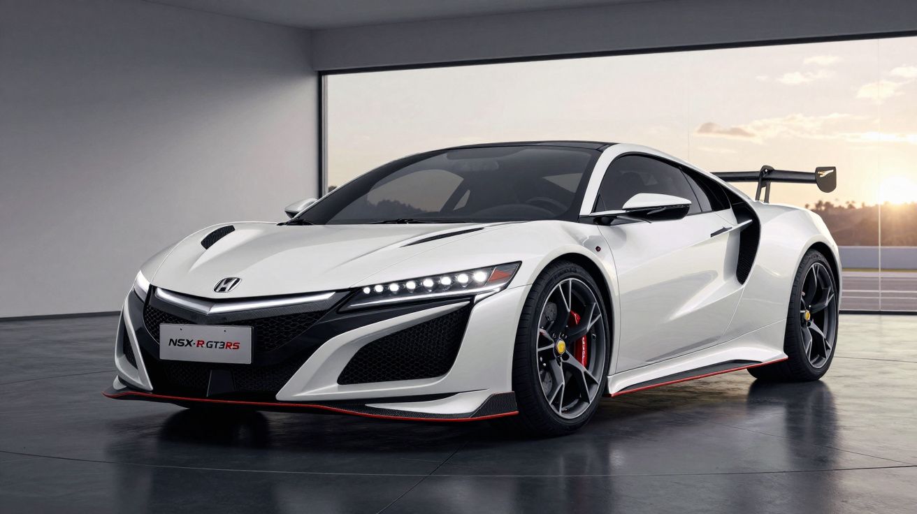 Carro desportivo branco Honda NSX Type S GT em exposição num espaço moderno com janela panorâmica ao fundo.