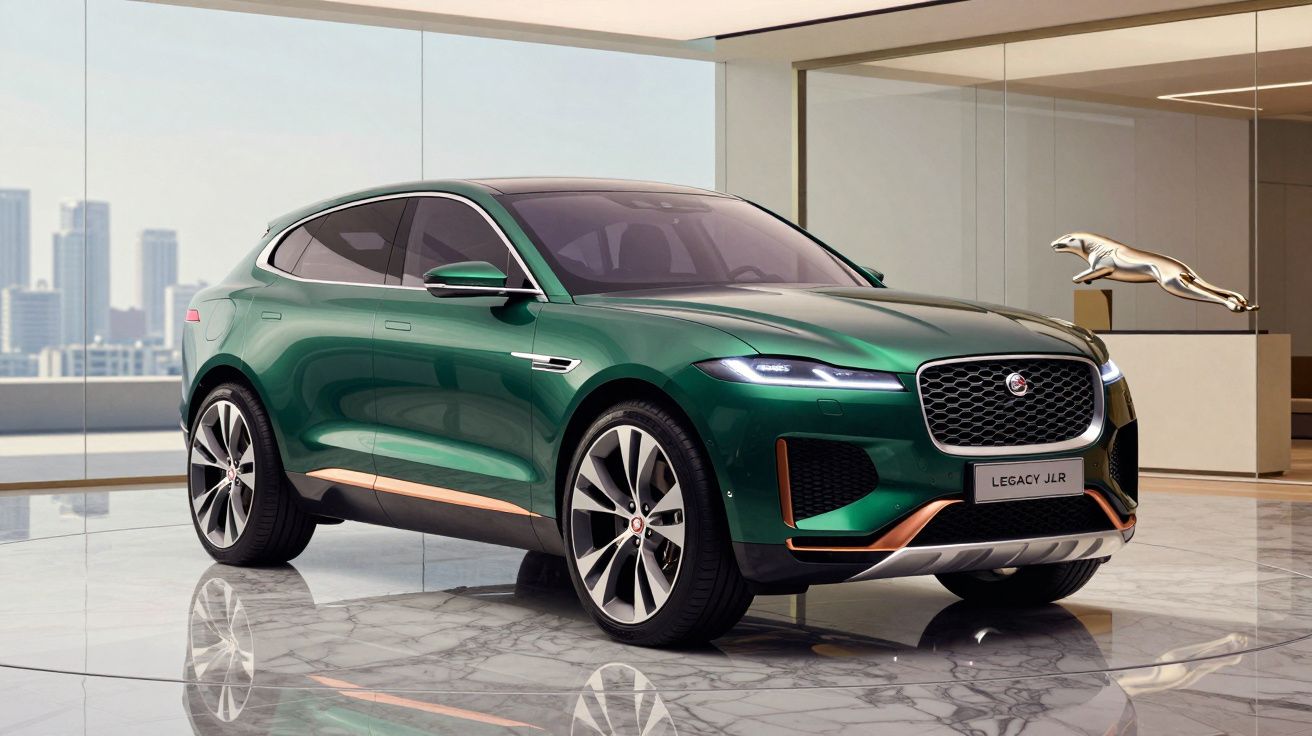 Carro elétrico Jaguar Legacy JLR verde exposto em sala moderna com chão de mármore e vista urbana.