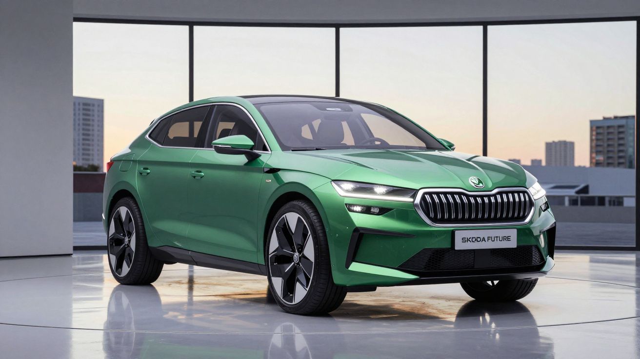 Carro verde metálico Skoda Future exibido num showroom com iluminação natural e chão reflector.