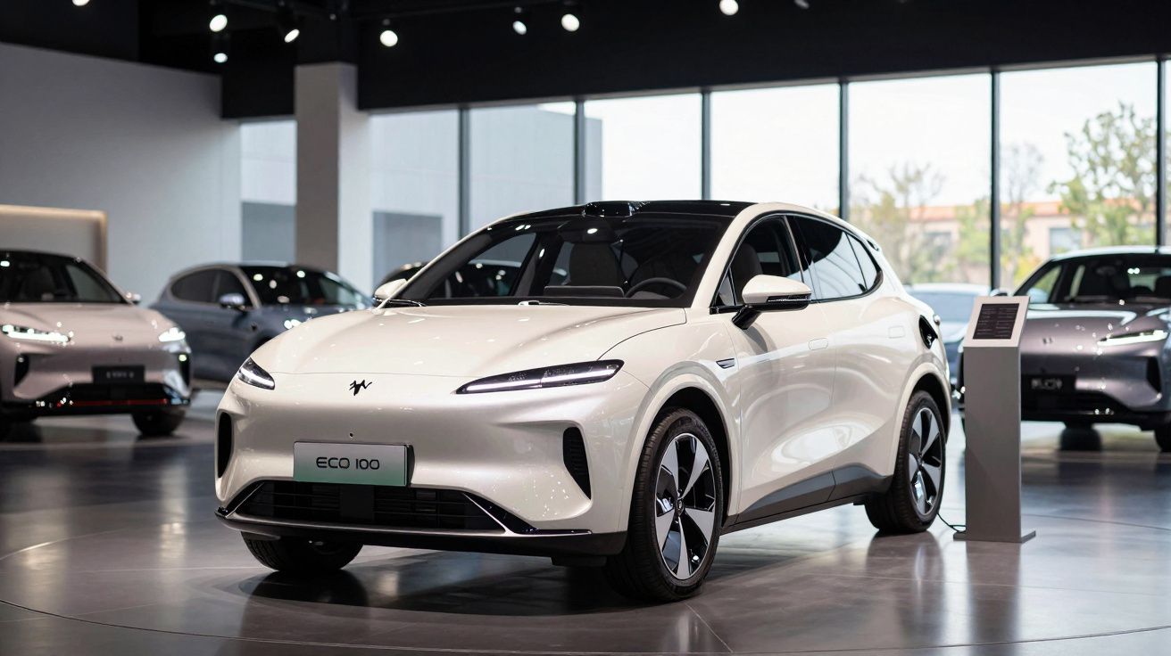 Carro elétrico branco modelo ECO 100 exposto em salão de automóveis moderno com iluminação ambiente.