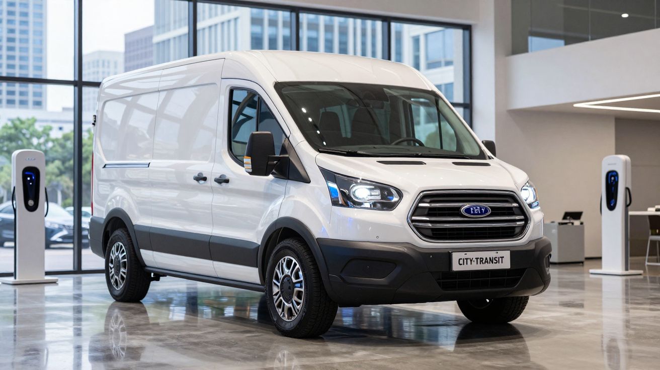 Carrinha elétrica branca City Transit estacionada em espaço interior moderno com estações de carregamento.