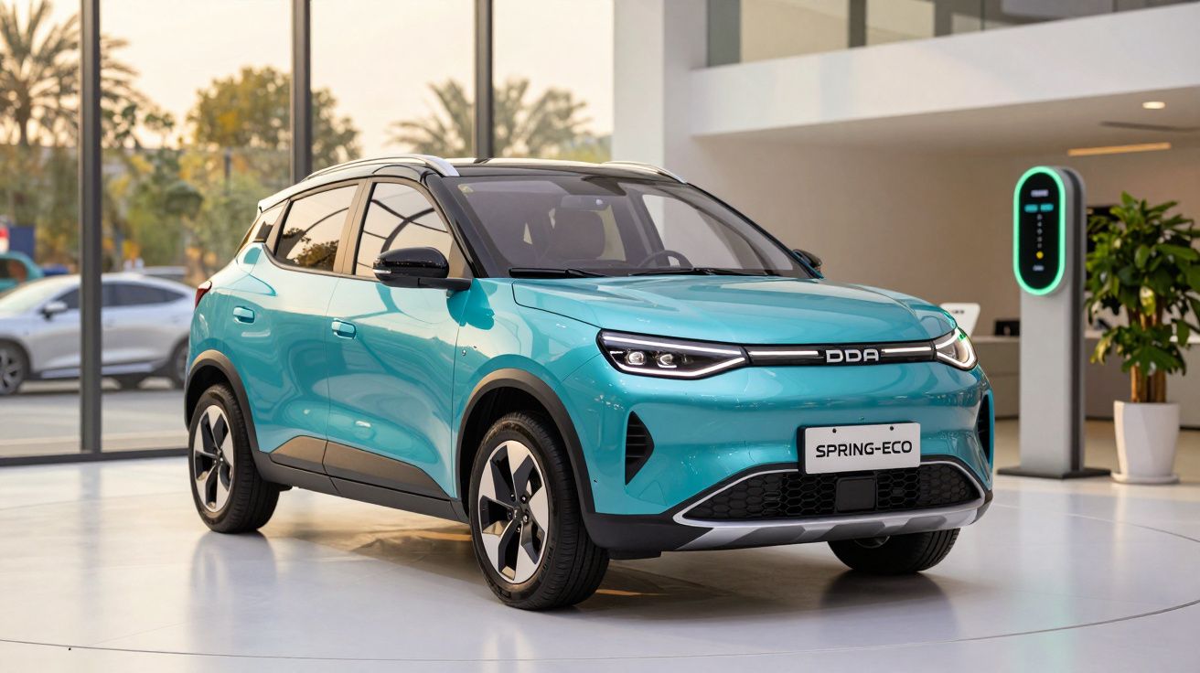 Carro elétrico azul turquesa modelo Spring-Eco num showroom moderno com carregador elétrico ao fundo.