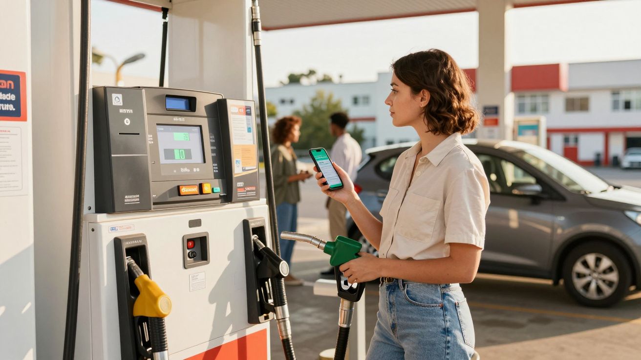 Mulher a abastecer carro numa bomba de gasolina, segurando telemóvel numa mão e bico de abastecimento na outra.