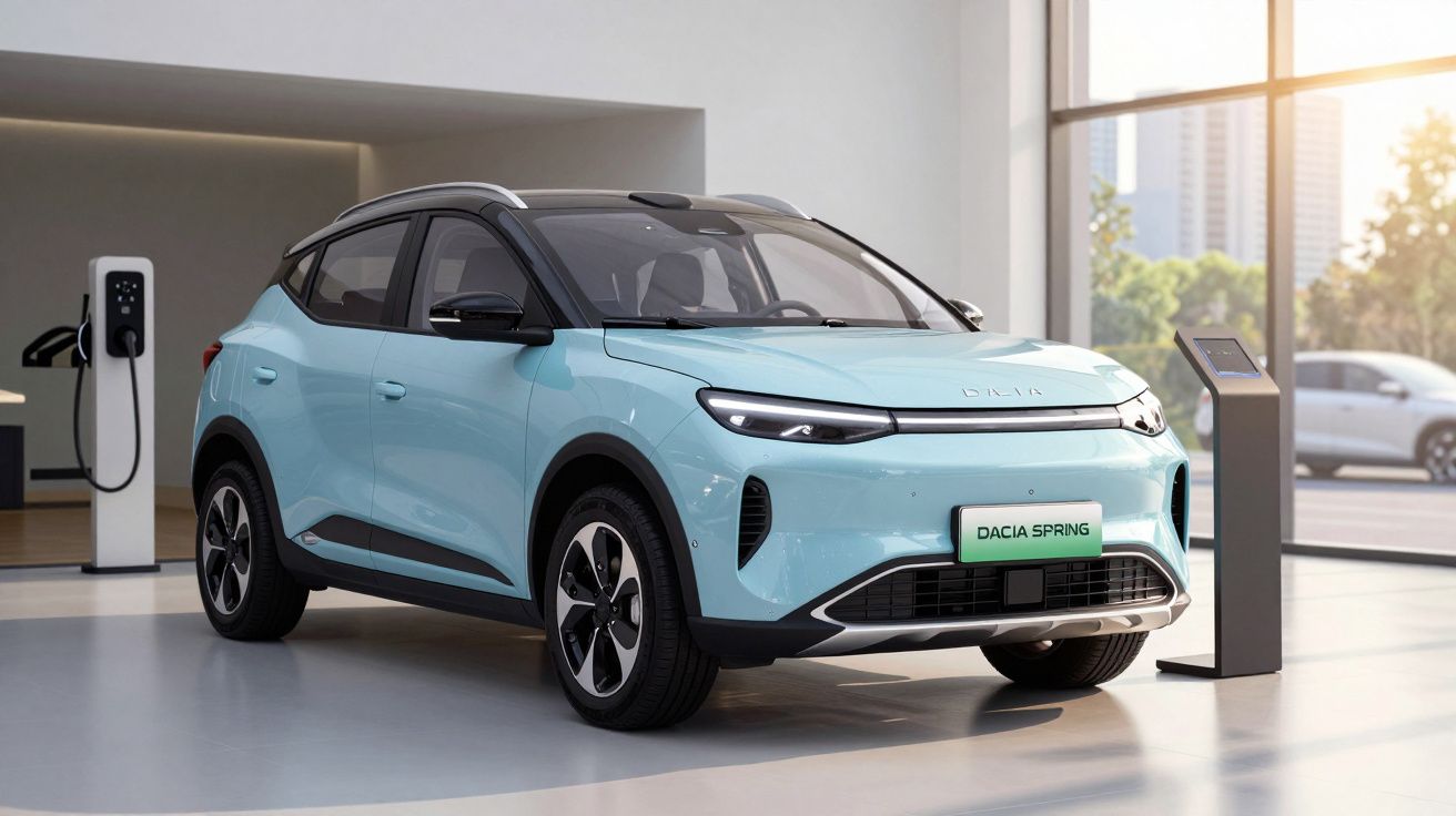 Carro elétrico Dacia Spring azul claro estacionado em interior moderno com posto de carregamento.
