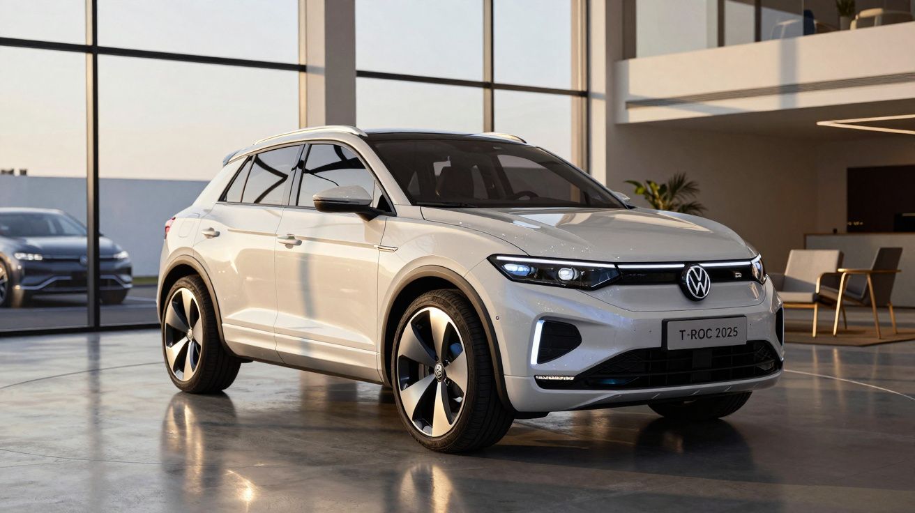 Carro eléctrico Volkswagen T-Roc 2025 branco estacionado num espaço interior moderno.