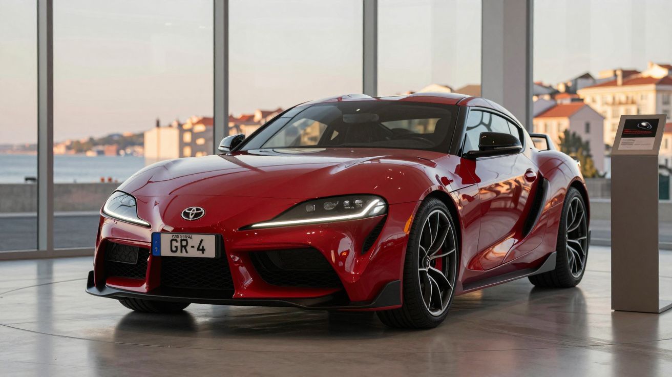 Carro desportivo Toyota Supra vermelho exposto em interior com janelas grandes e vista urbana.