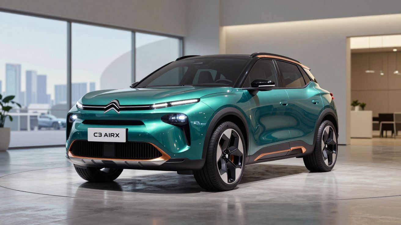 Carro Citroën C3 AirX verde metálico estacionado numa sala moderna com janelas grandes.