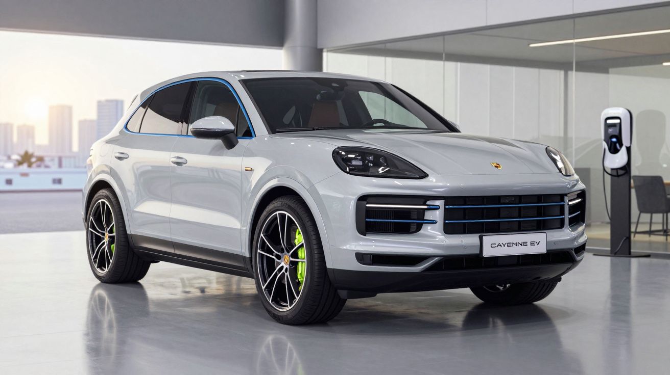 Carro elétrico Porsche Cayenne EV cinzento estacionado numa garagem moderna com carregador elétrico.