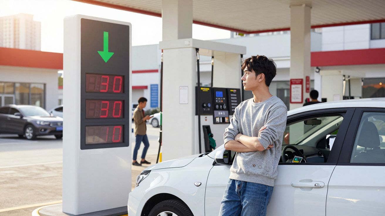 Homem encostado em carro branco numa bomba de gasolina, a olhar para o painel de preços.