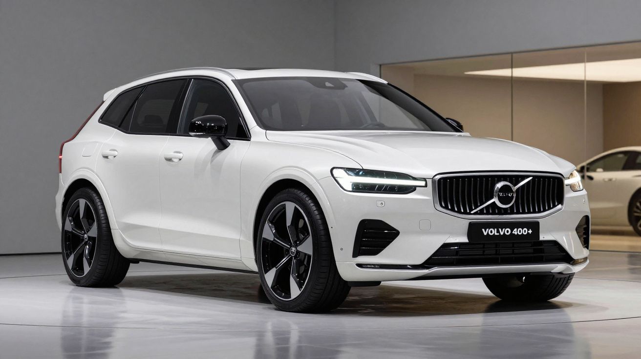 Carro SUV Volvo 400+ branco com jantes pretas em ambiente interior moderno e iluminado.