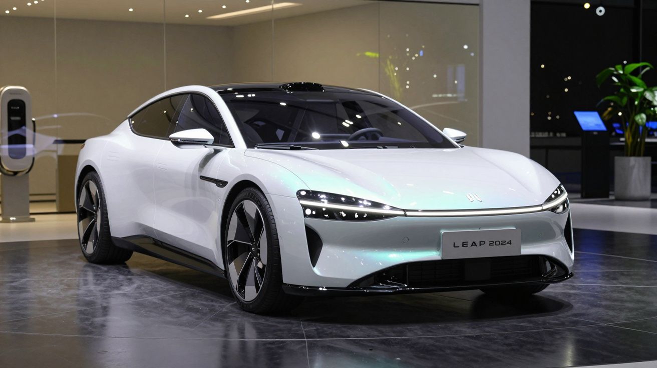 Carro elétrico branco de design moderno estacionado em exposição interior com iluminação suave.