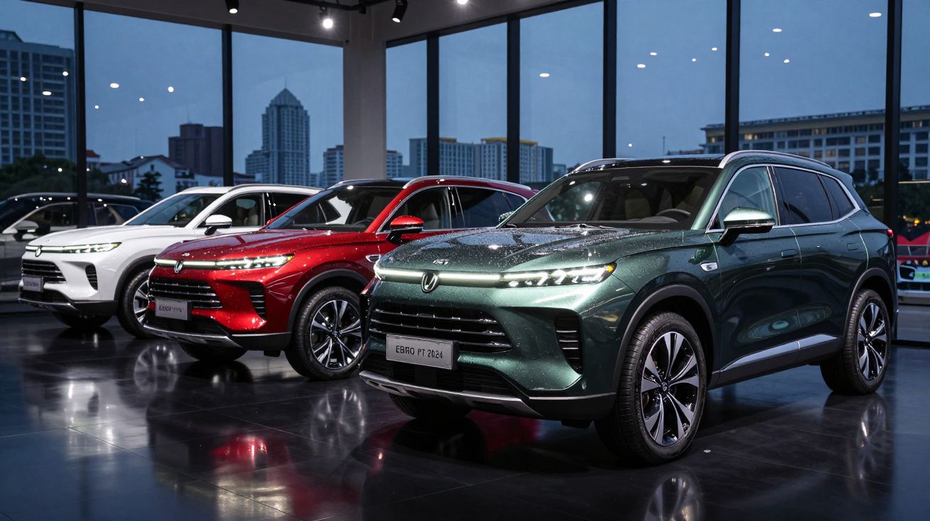 Três SUV Changan Errao PT 2024 em verde, vermelho e branco expostos em sala com vista para cidade à noite.