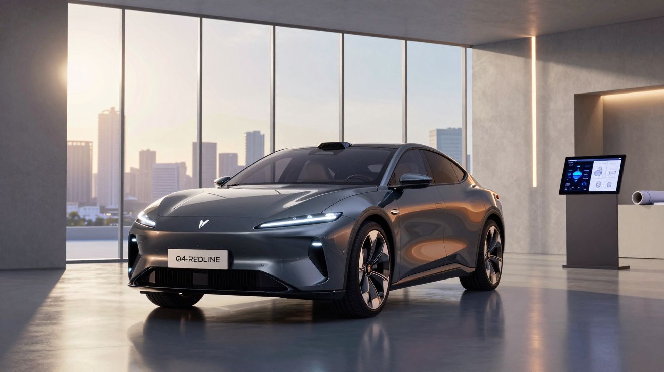 Carro elétrico cinzento de perfil moderno estacionado em showroom com janelas amplas e vista para cidade.