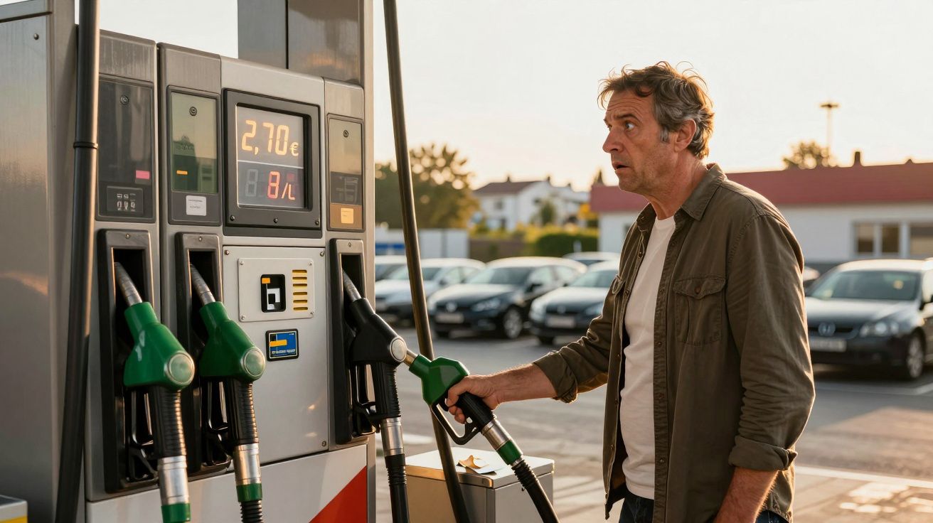 Homem surpreendido ao encher o tanque num posto de combustível com preço de 2,70 euros por litro.