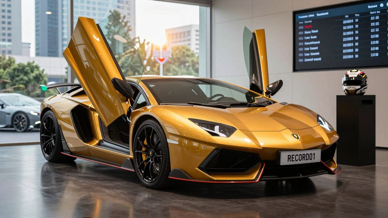 Carro desportivo dourado com portas abertas em exposição num showroom moderno com grande janela.
