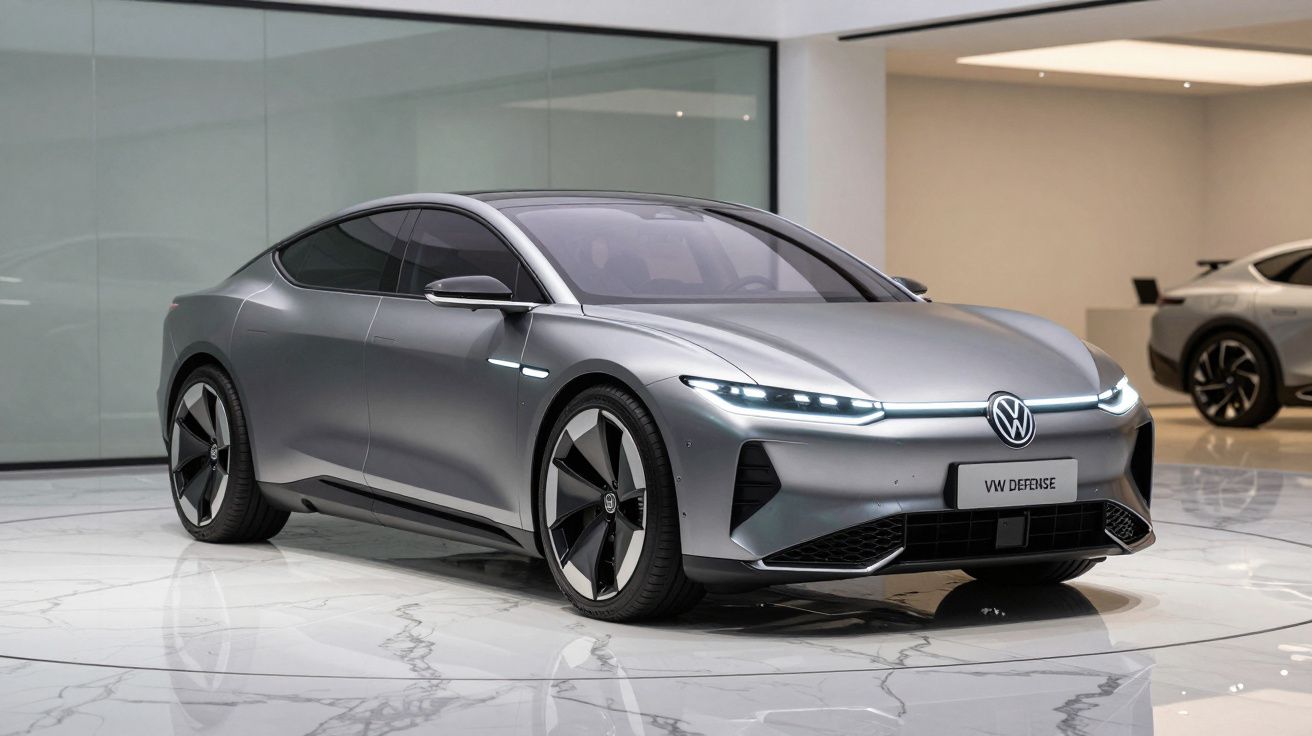 Carro elétrico Volkswagen VW Defense cinzento, moderno, com faróis LED, exposto em showroom.