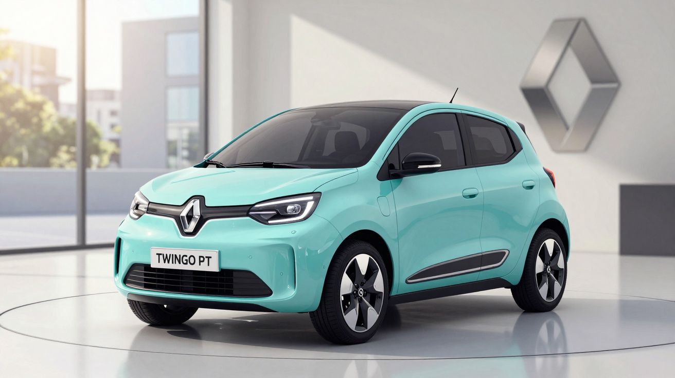 Renault Twingo PT azul claro exibido num showroom moderno com logótipo Renault ao fundo.