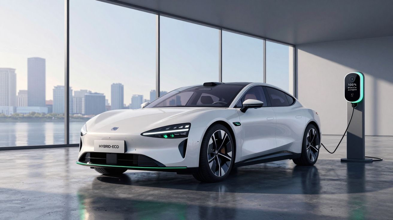 Carro eléctrico branco a carregar numa estação de carregamento junto a vidro panorâmico com vista para cidade.