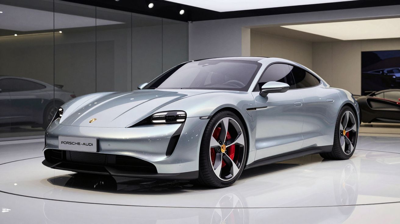 Carro desportivo Porsche elétrico prateado em exposição num salão moderno.