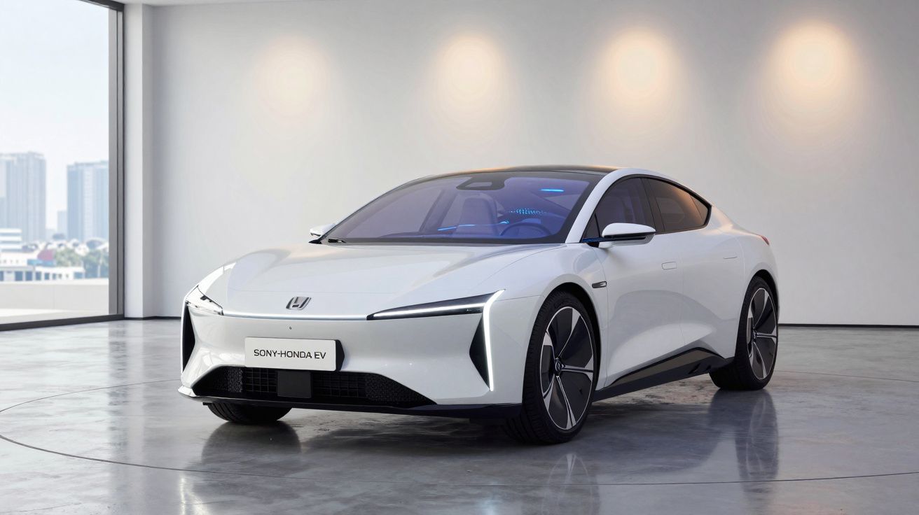 Carro elétrico moderno branco Sony-Honda EV estacionado em espaço interior minimalista e iluminado.