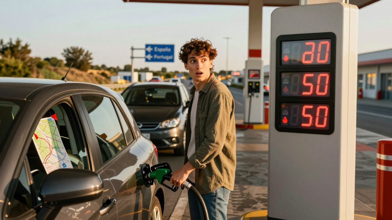 Homem jovem a abastecer carro num posto de combustível com sinalização de Portugal e Espanha ao fundo.