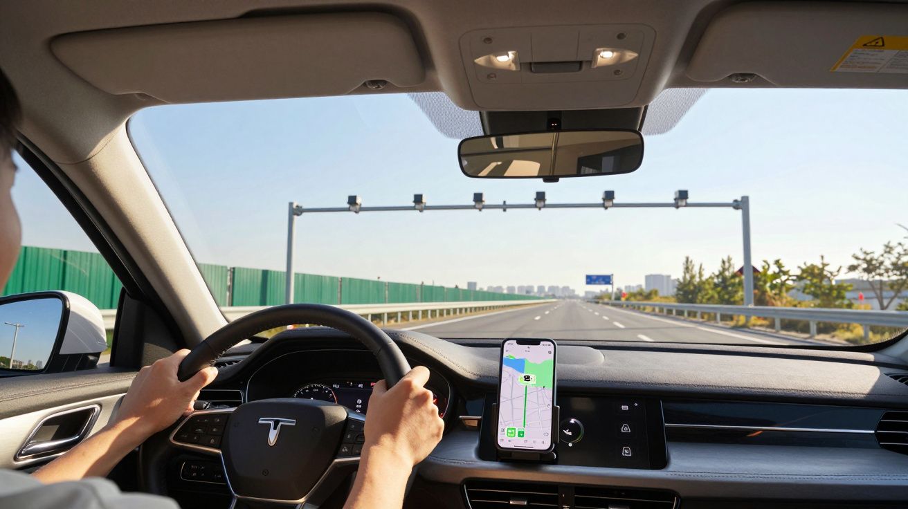 Interior de um carro elétrico Tesla com condutor a seguir navegação no telemóvel, na autoestrada sob céu limpo.