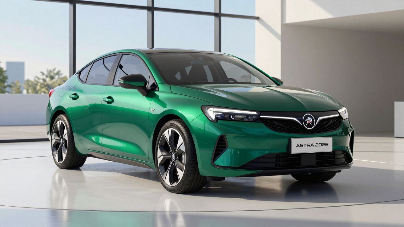 Carro elétrico verde modelo Astra 2026 estacionado num espaço interior moderno e iluminado.