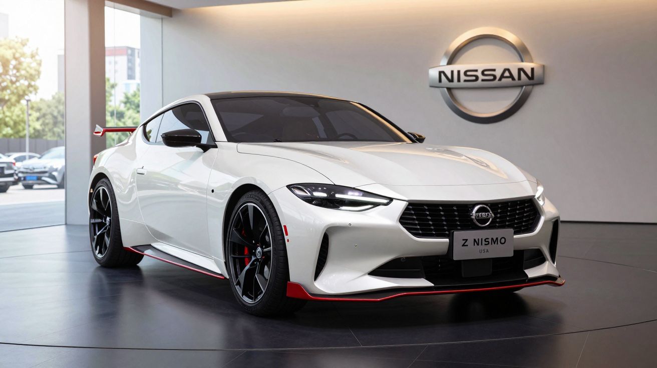 Carro desportivo branco Nissan Z Nismo exibido em showroom moderno com logo Nissan na parede.